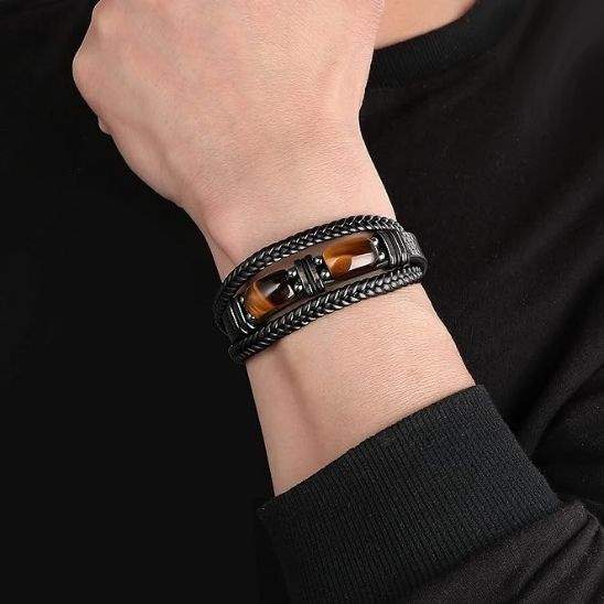 bracelet homme pierres naturelles oeil de tigre cuir noir