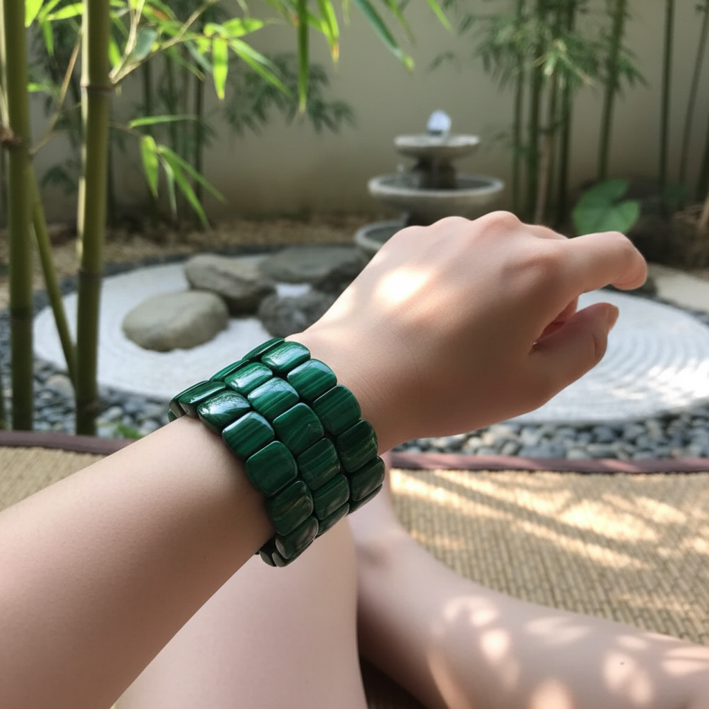 Bracelet malachite au poignet d'une femme – jardin zen bambou