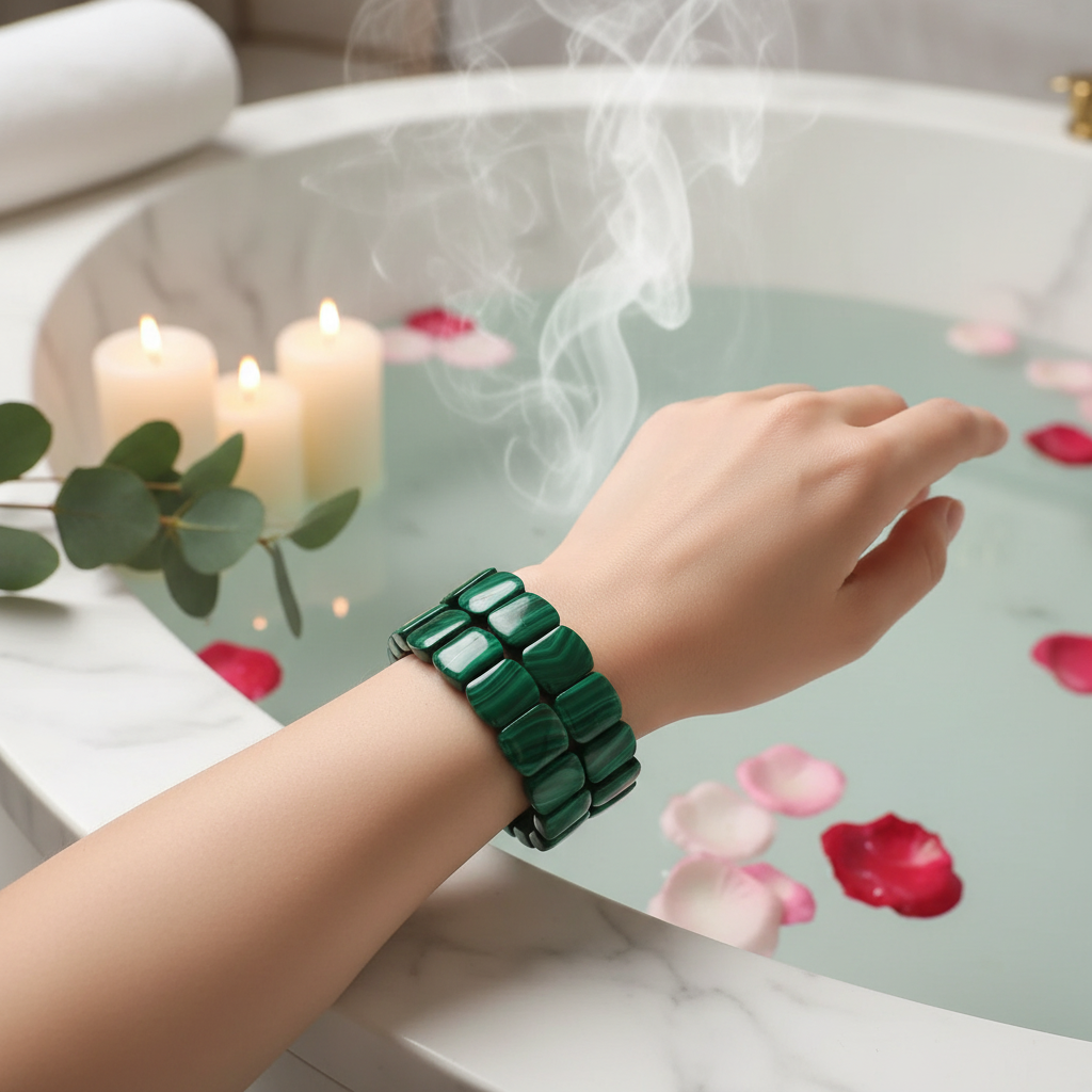 Bracelet malachite au poignet d'une femme – espace spa