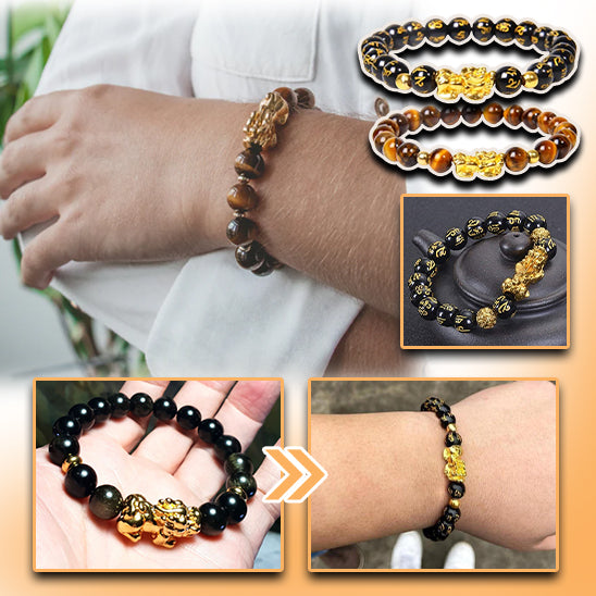 bracelet oeil de tigre ou obsidienne perles pierre naturelle pixiu mantras chance prospérité porte-bonheur protecteur anti-stress
