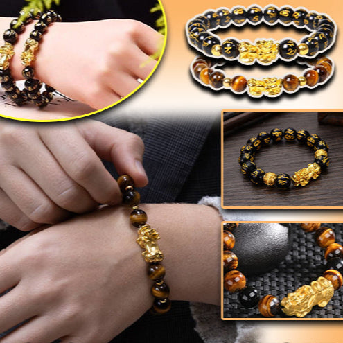 bracelet oeil de tigre ou obsidienne perles pierre naturelle pixiu mantras chance prospérité porte-bonheur protecteur anti-stress