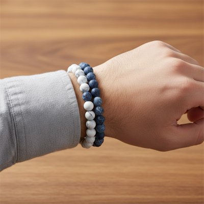 Bracelet perle homme double howlite blanche + howlite bleue poignet homme