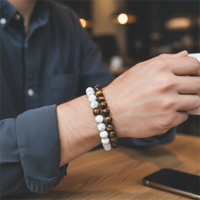 Bracelet perle homme double howlite + oeil de tigre poignet homme