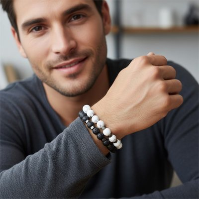 Bracelet perle homme double onyx et howlite porté par un homme souriant
