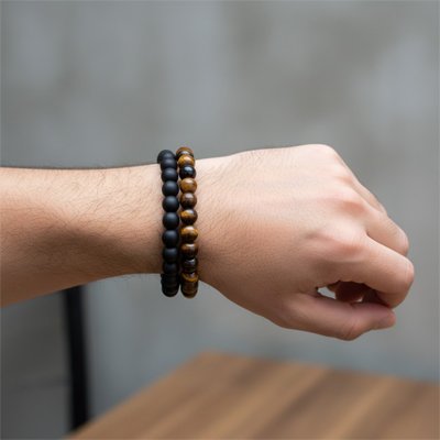 Bracelet perle homme double onyx et oeil de tigre poignet homme