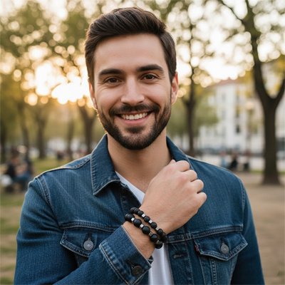 Bracelet perle homme double pierre de lave et onyx portés par un homme souriant dans la nature