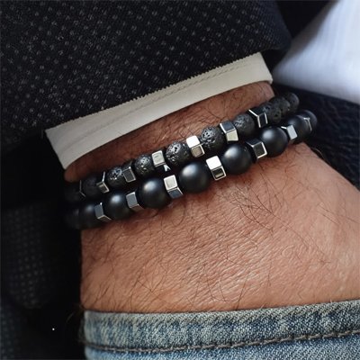 Bracelet perle homme double pierre volcanique, onyx, acier inoxydable portés