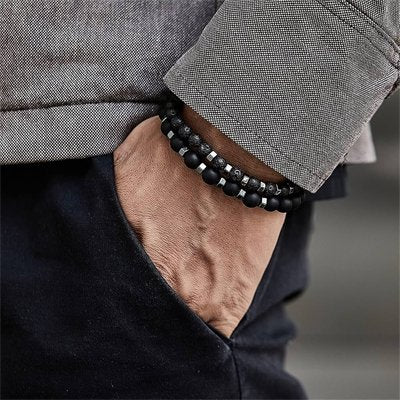 Bracelet perle homme double poignet homme onyx et pierre de lave