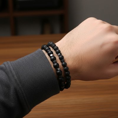 Bracelet perle homme double poignet homme onyx, lave volcanique, acier inoxydable