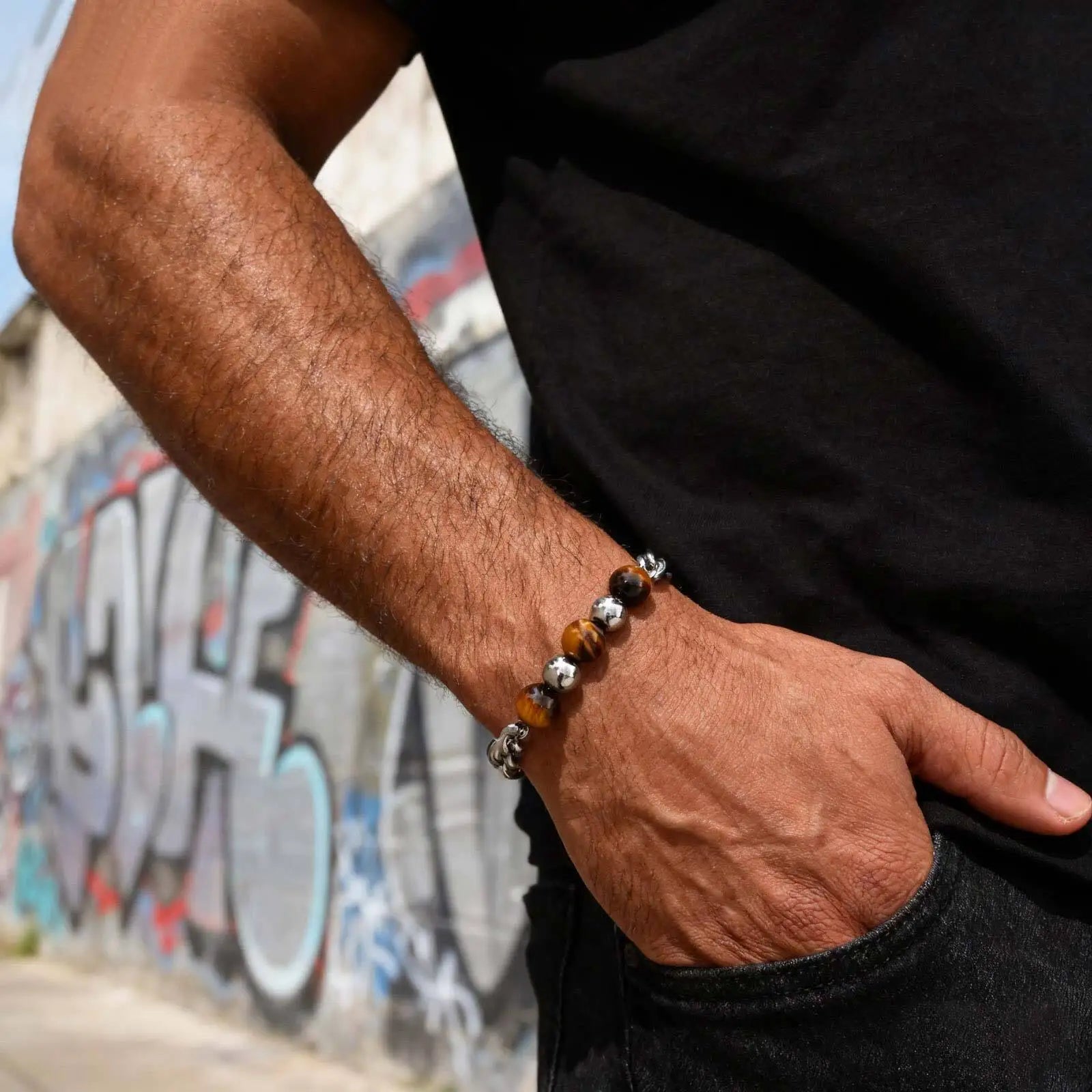 Bracelet perle homme oeil de tigre acier inoxydable