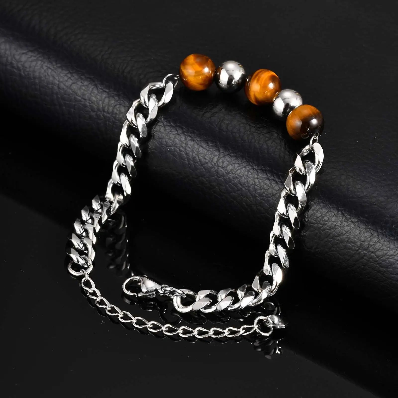 Bracelet perle homme oeil de tigre acier inoxydable