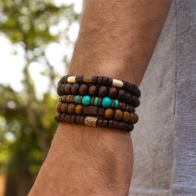Bracelet perle homme bois naturel pierre semi-précieuse