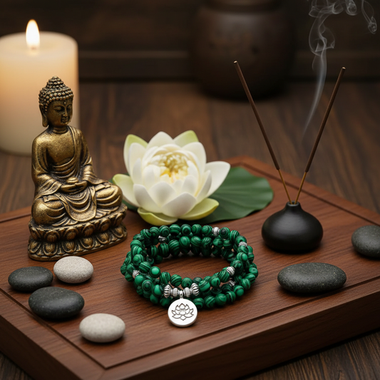 Bracelet perle malachite lotus sur autel zen avec bouddha et fleur de lotus