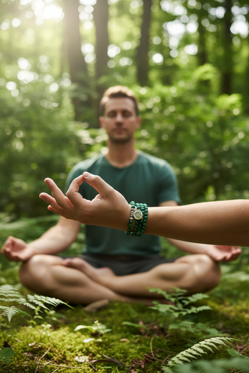 Femme méditant mains en mudra avec bracelet perle malachite lotus au poignet homme qui médite en arrière plan nature