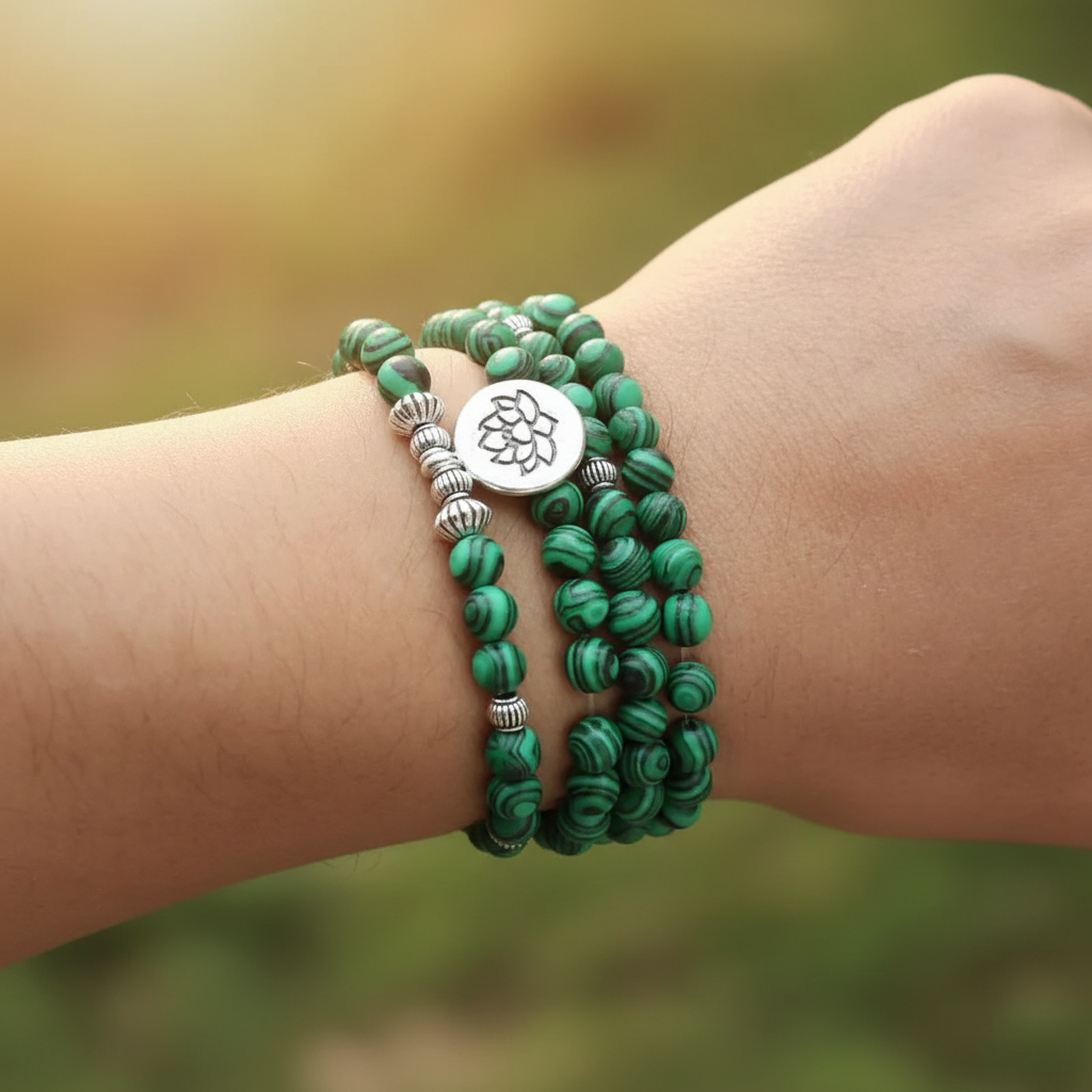 Bracelet perle malachite 4 tours au poignet avec charm lotus – bijou unisexe