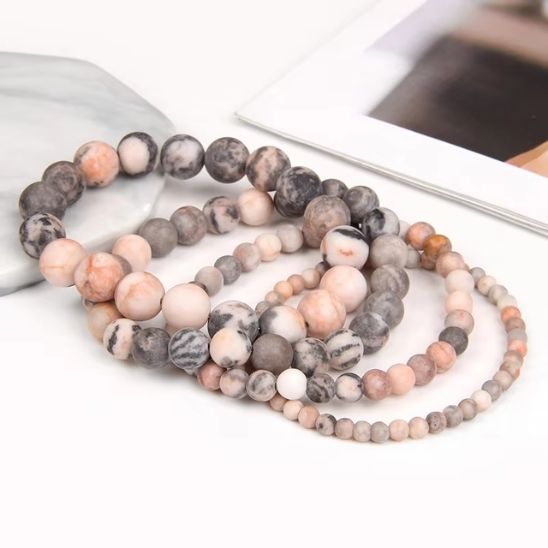 4 bracelets pierre naturelle perles gris rose jaspe zebre