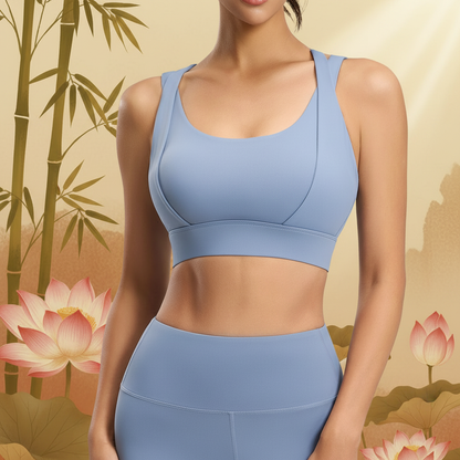 Brassiere dos croisé bleu ciel legging taille haute sport assorti fond zen 