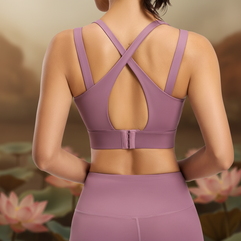 Brassiere dos croisé violet vue dos bretelles croisées fond zen