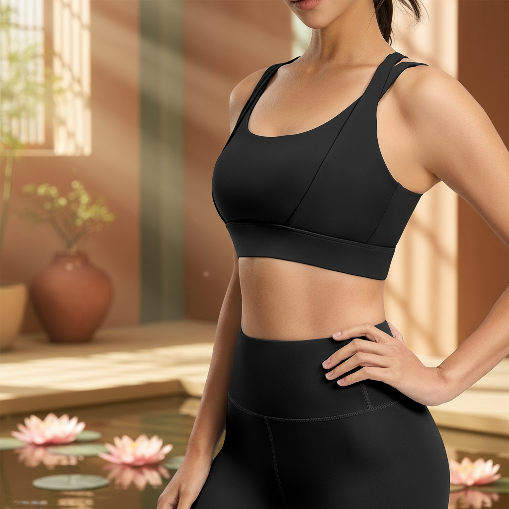 Brassiere dos croisé noir bretelles croisées yoga femme fond zen