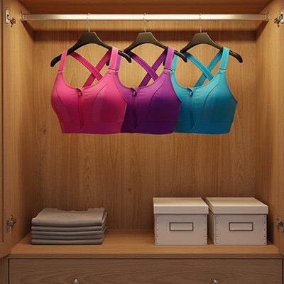 Brassière femme sport rose violette ou bleue sur cintres
