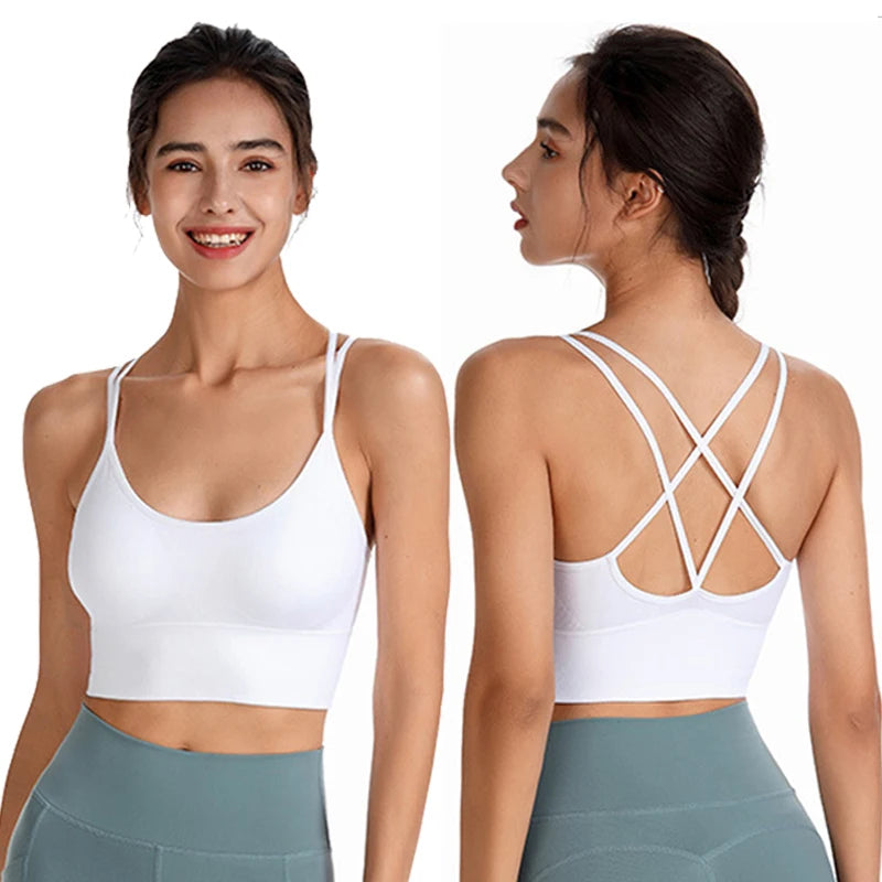 BRASSIERE LONGUE SPORT FEMME blanche dos croisé vue de dos et de face
