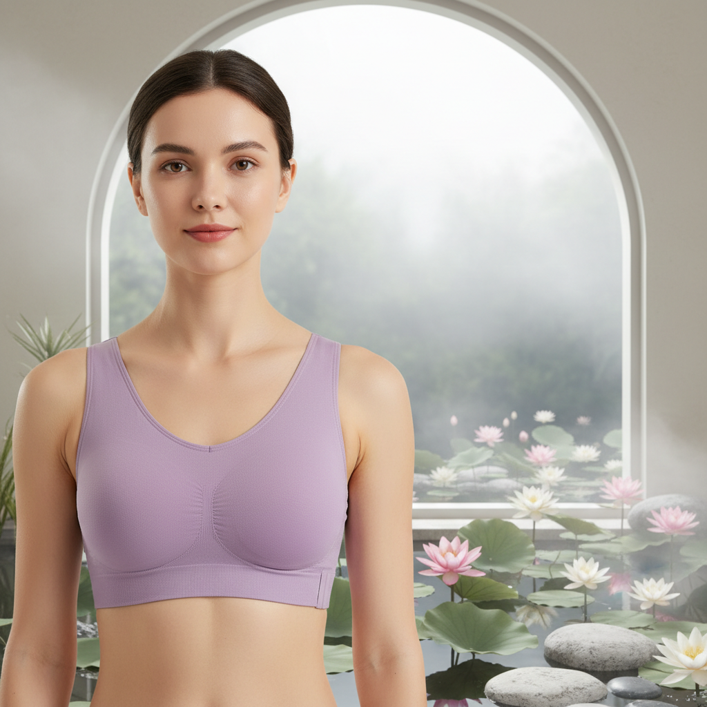 Brassiere yoga femme lavande fermeture latérale fond zen lotus