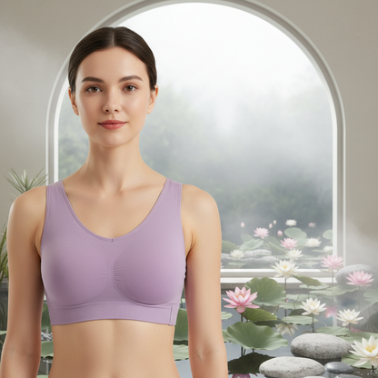 Brassiere yoga femme lavande fermeture latérale fond zen lotus