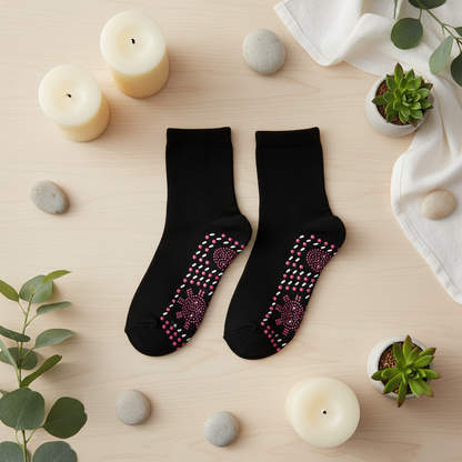 Chaussettes de massage noires à picots roses et blancs posées dans un espace zen avec bougies et plantes