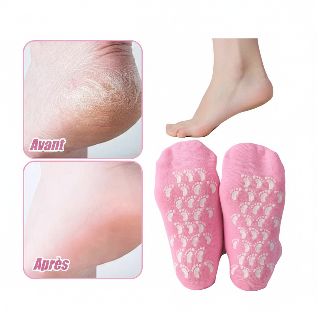 Avant après chaussette massage pied – talons secs et fissurés transformés en peau douce et lisse