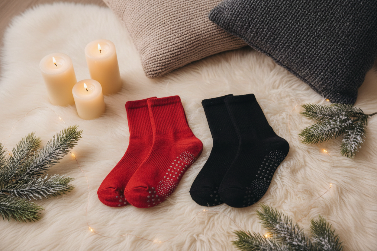 Chaussettes massage rouges et noires – ambiance zen hiver