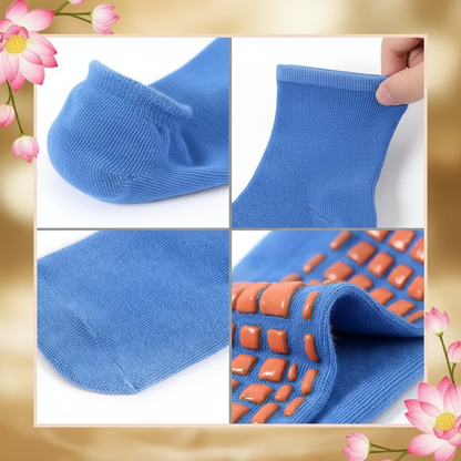 Détails chaussette massante bleue talon renforcé élasticité picots silicone semelle