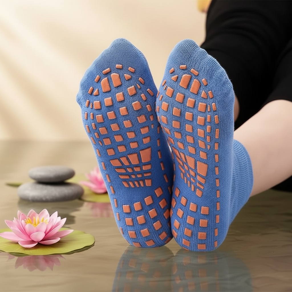 Chaussette massante antidérapante bleue avec picots silicone orange sur fond zen lotus