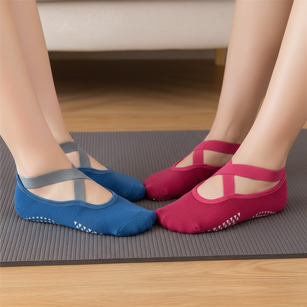 Chaussette yoga antidérapante bleue et rose foncée - lot de 2 paires