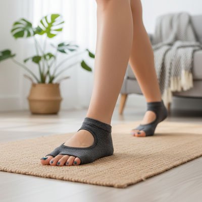 Chaussette yoga grise antidérapantes respirantes femme sur tapis de yoga