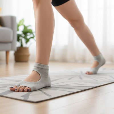 Chaussette yoga grise antidérapantes respirantes femme sur tapis de yoga