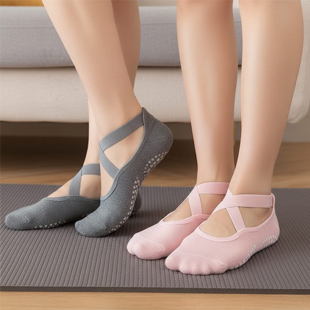 Chaussette yoga antidérapante rose clair et gris clair - lot de 2 paires