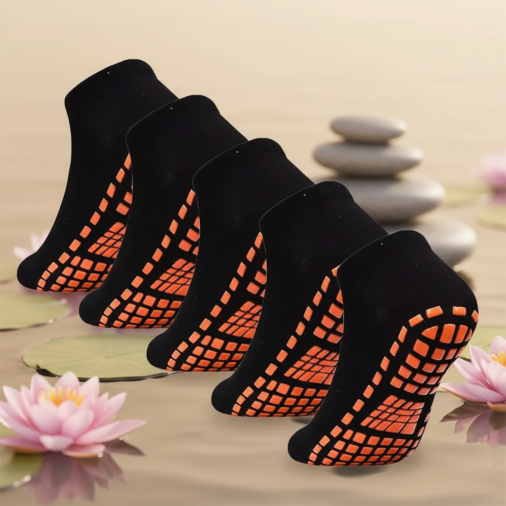 4 chaussettes massantes noires picots silicone orange semelle antidérapante fond zen