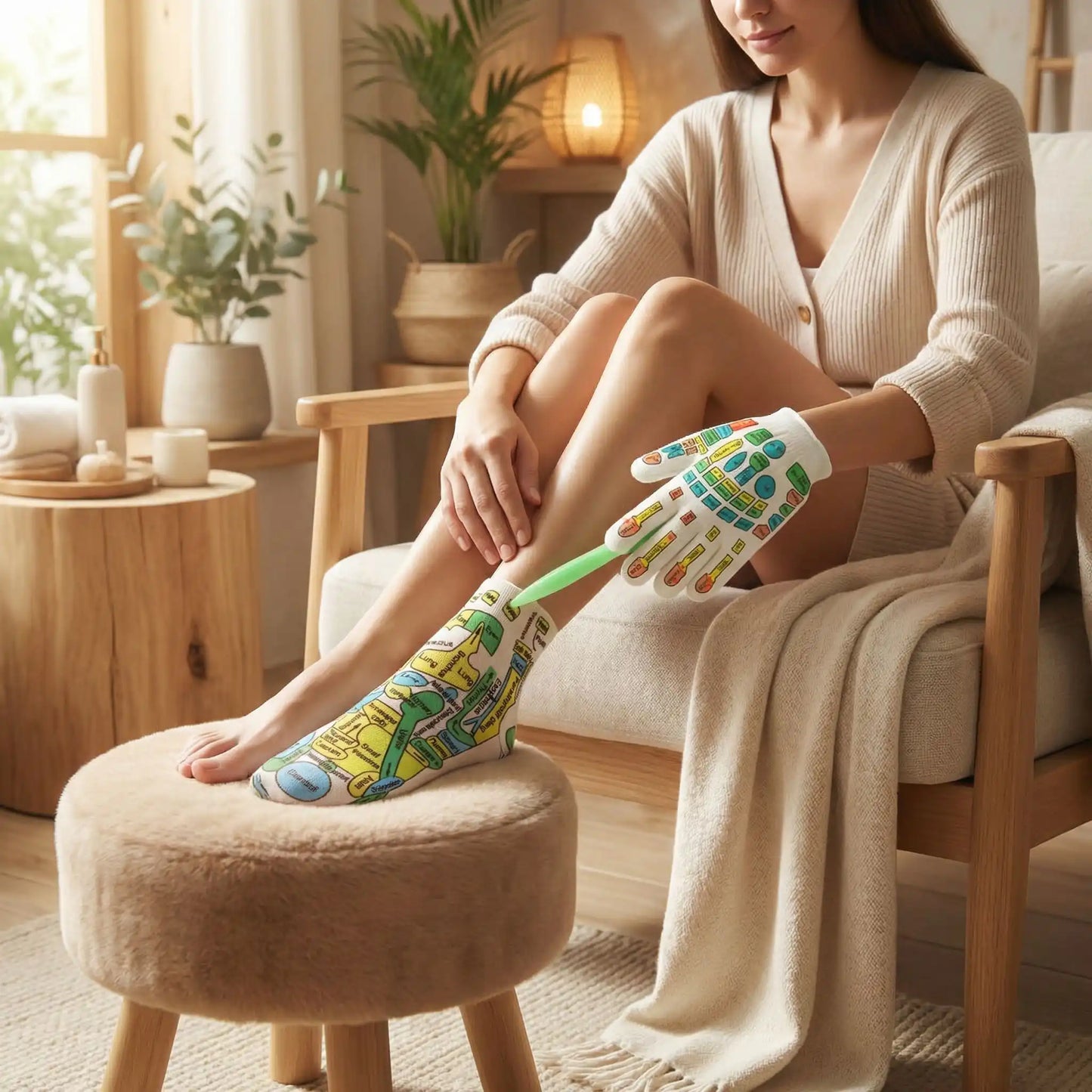 Femme portant des chaussettes réflexologie plantaire pour soulager les pieds fatigués