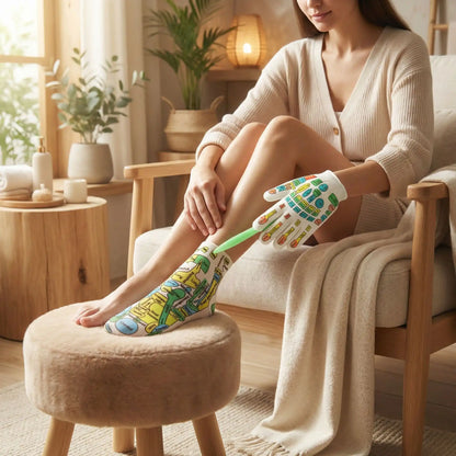 Femme portant des chaussettes réflexologie plantaire pour soulager les pieds fatigués