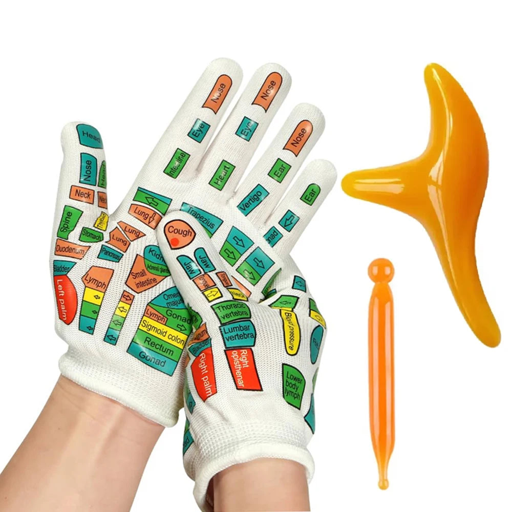 Chaussettes réflexologie plantaire vue rapprochée des zones de massage des gants réflexologie palmaire
