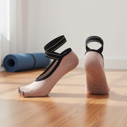 Chaussettes yoga antidérapantes blanches à orteils séparés et bandage cheville croisé