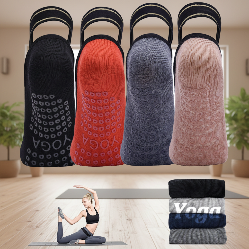 Chaussettes yoga antidérapantes grises orteils libres - studio yoga parquet bois