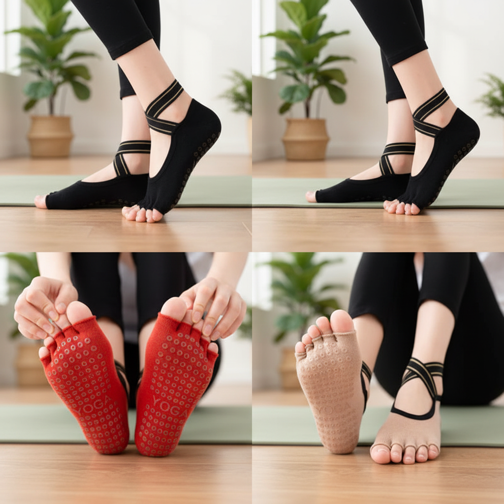Chaussettes yoga antidérapantes rouges - semelle picots silicone et design orteils séparés