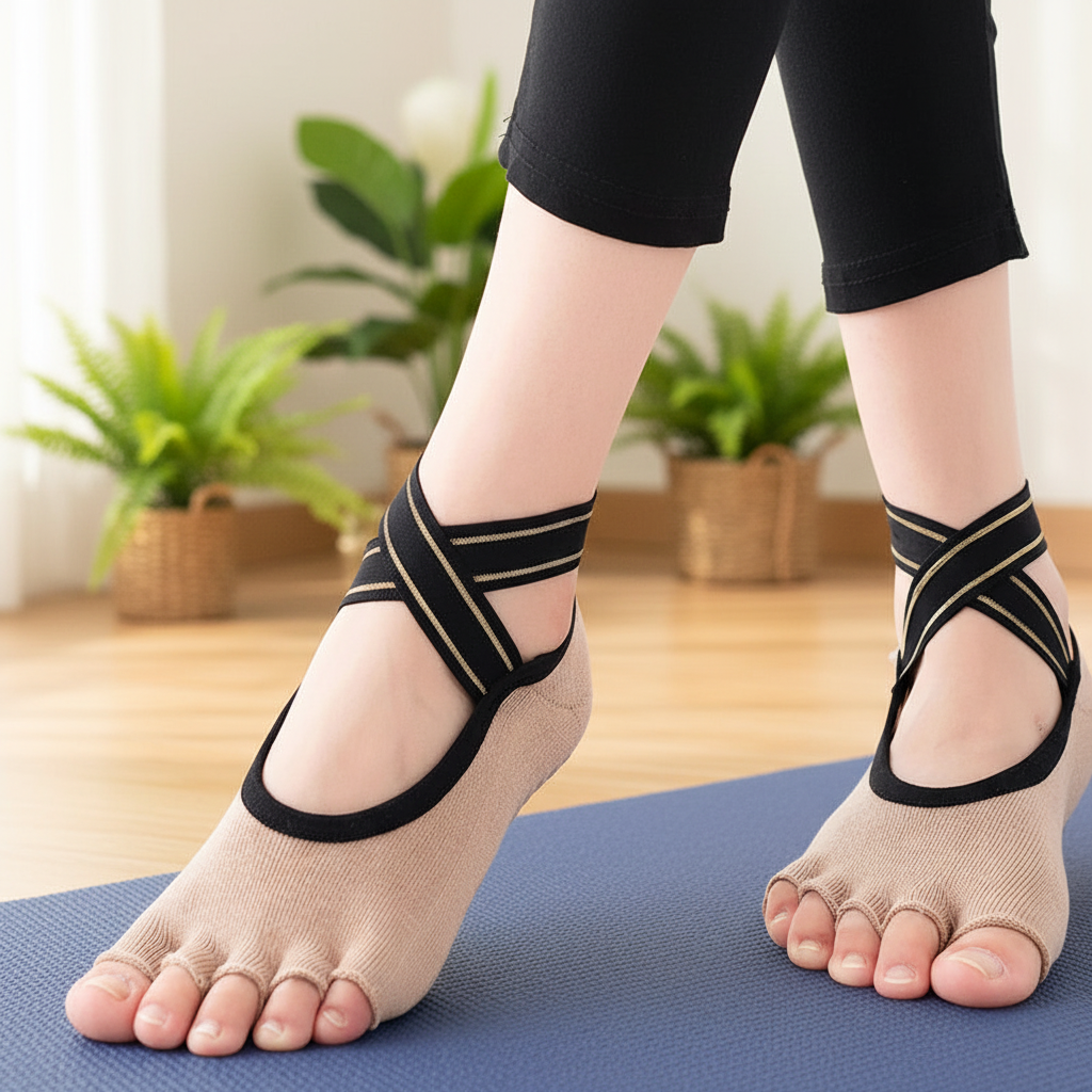 Chaussettes yoga antidérapantes à orteils séparés beige - picots silicone et bandage croisé