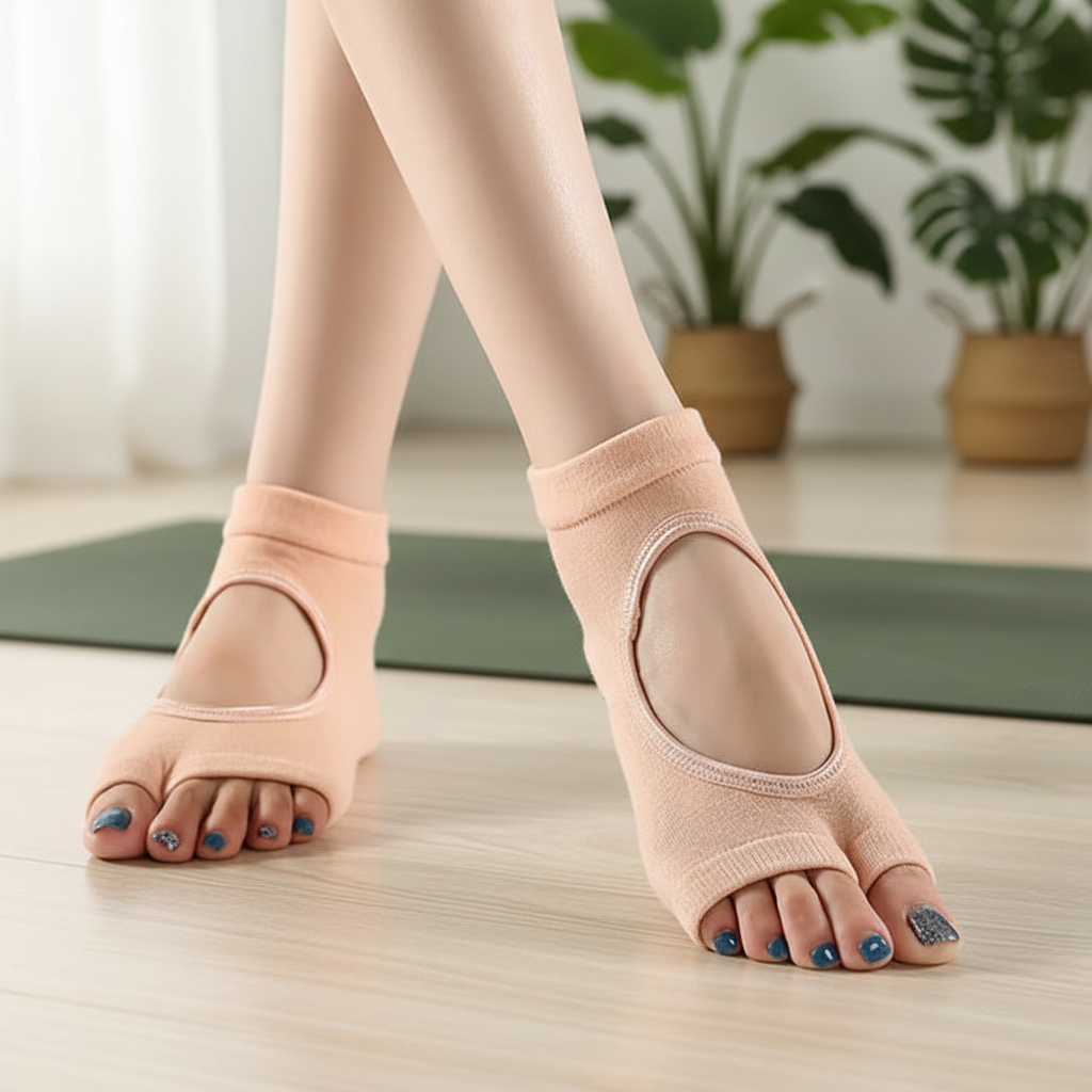 Chaussettes yoga beige orteils séparés open toe - studio zen parquet bois et plantes
