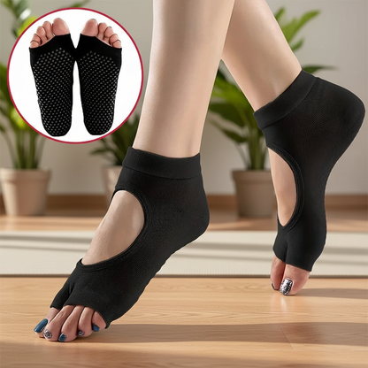 Chaussettes yoga noires open toe avec zoom semelle antidérapante - studio zen plantes