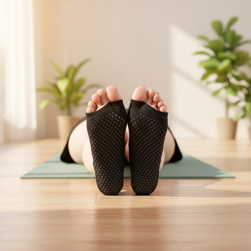 Chaussettes yoga noires respirantes posture allongée - picots silicone visibles fond zen