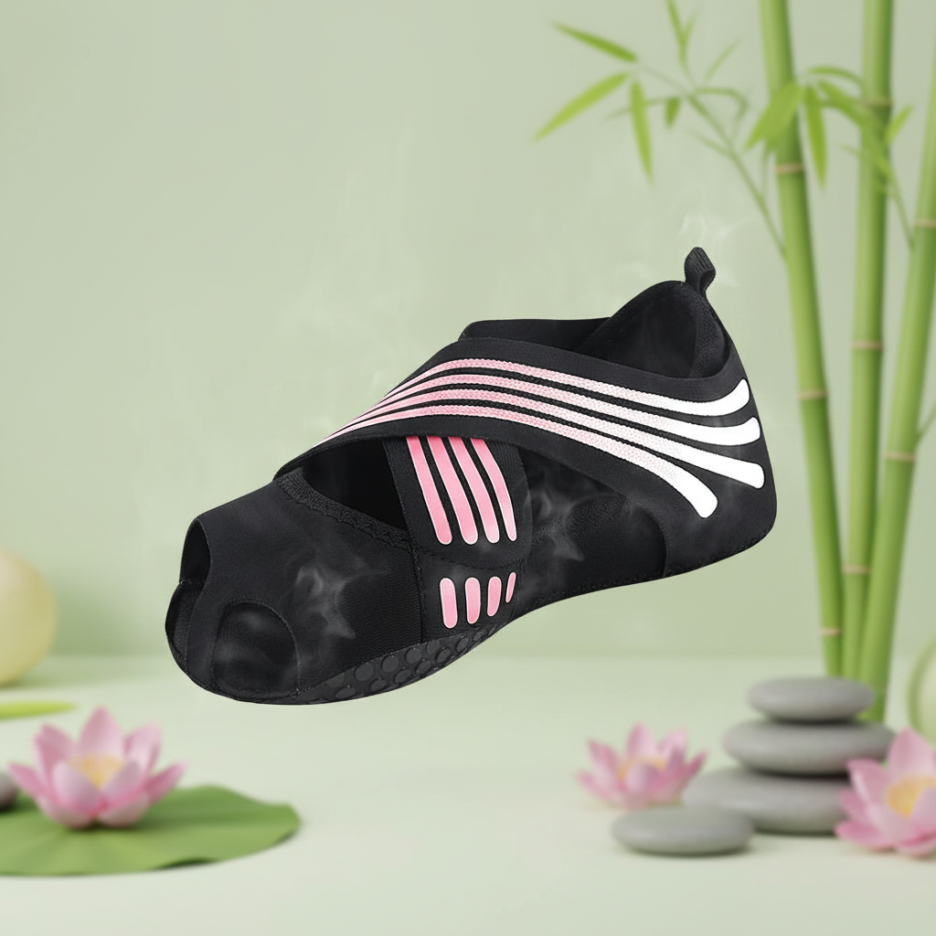 Chausson yoga noir rayures roses fond zen