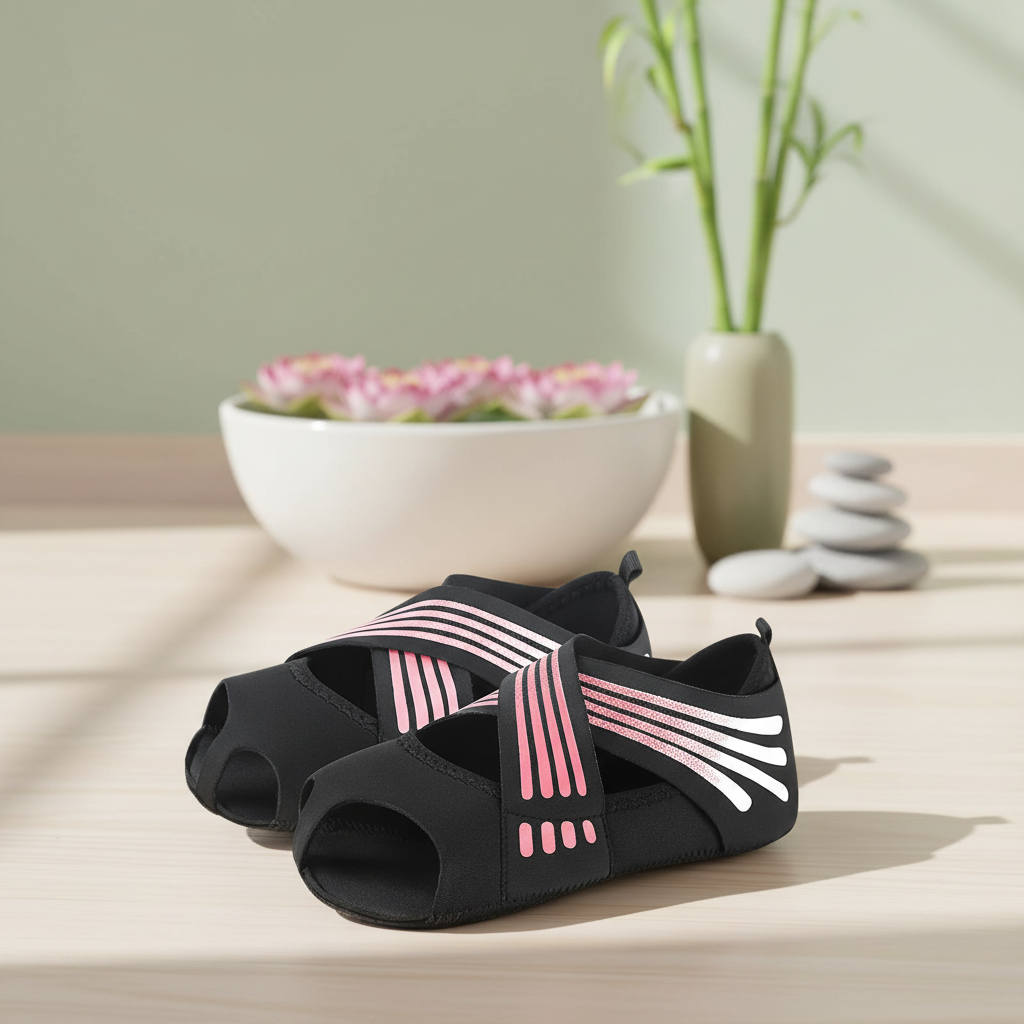 Chausson yoga sangles roses fond zen