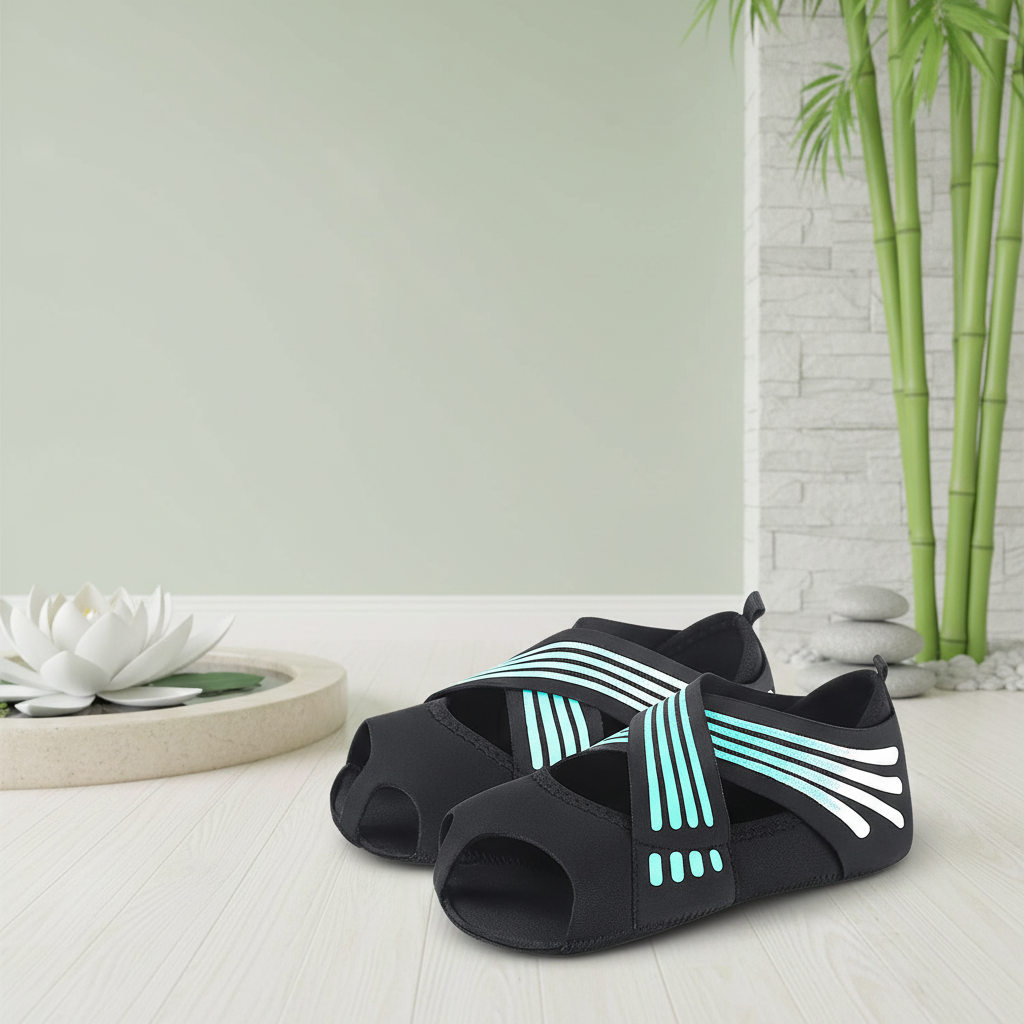 Chausson yoga sangles turquoise fond zen